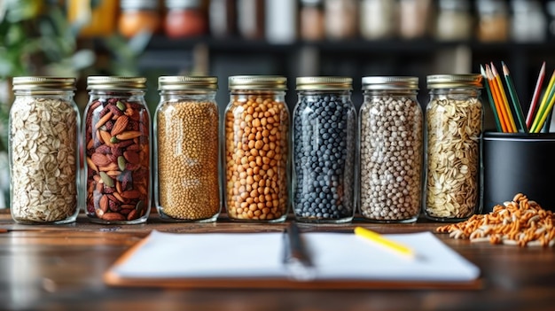 Cereals in glass jars on the table next to a Notepad and pencil Space for text