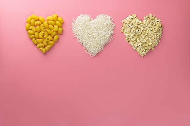 Cereals hearts shape from pasta, rice and oats