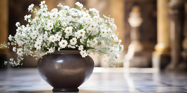 Ceremony in a church with urn ashes and white flowers Concept Memorial Service Church Ceremony Urn Ashes White Flowers Religious Gathering