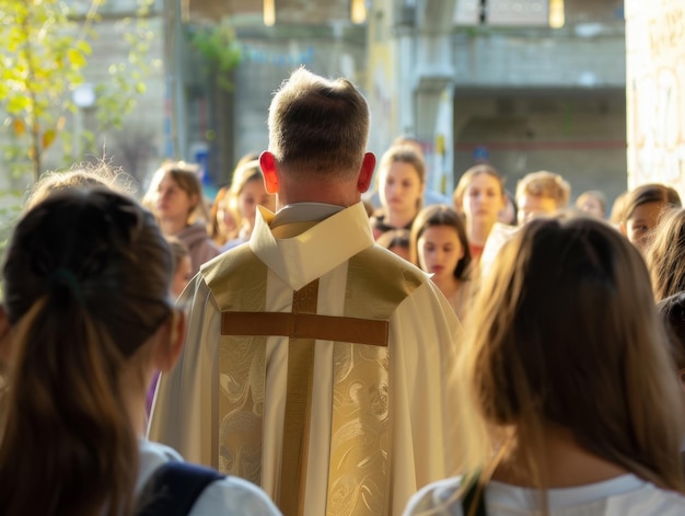 Photo ceremony conducted by priest overlooking group of young boys and girls in historic setting