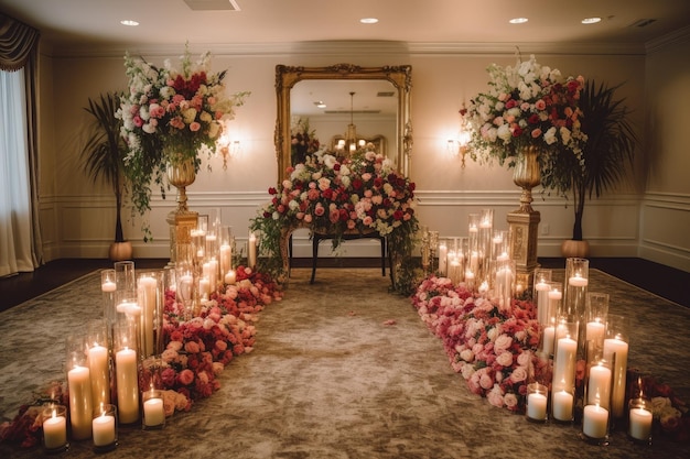 Ceremony setup with romantic floral bouquet and candles created with generative ai