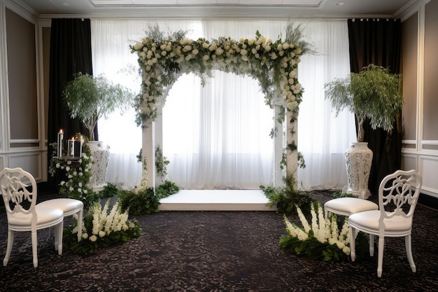 Ceremony with ornate white arch and backdrop of greenery created with generative ai