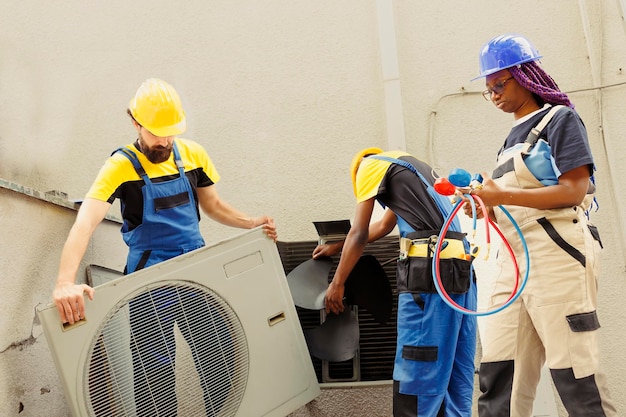 Certified technicians commissioned by customer to search for freon leaks on external air conditioner evaporator coil leading to poor cooling problems during hot summer months