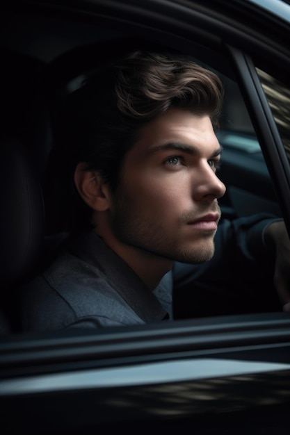 Cg shot of a handsome man in a car created with generative ai