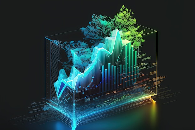 CGreen economy chart on dark colorful neon background AI