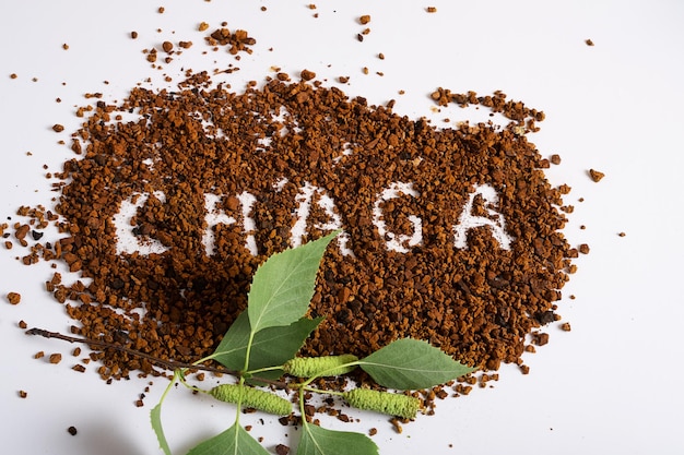 Chaga inscription on the background of Chaga mushroom granules with a birch branch