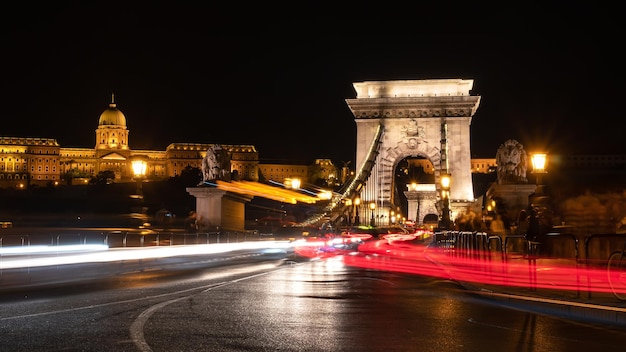 Chain bridge and Budai palace in Budapest at night