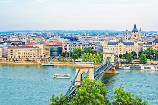 Chain Bridge above Danube Canal and St Stephen Basilica at Pest city center in Budapest, Hungary