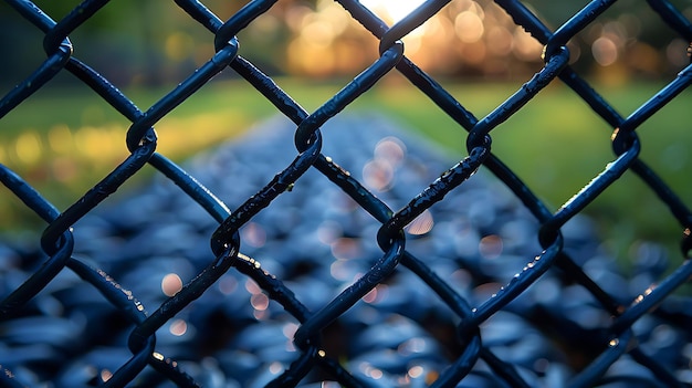 Photo chain link fence in the park at sunset closeup