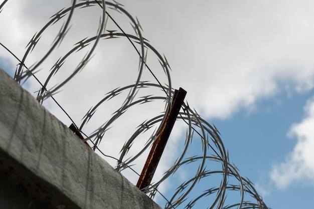 Chain link fence with barbed wire and razor wire against the blue sky