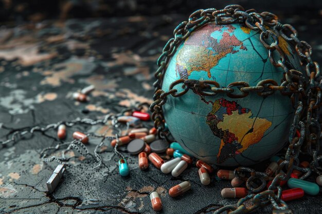 Chained Globe Surrounded by Multicolored Pills