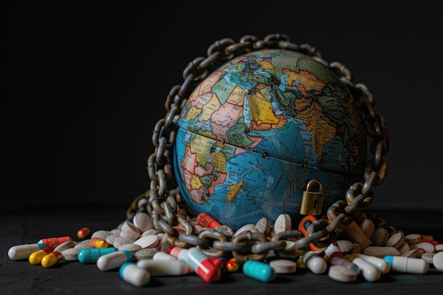 Chained Globe Surrounded by Multicolored Pills