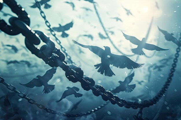 Photo chains transforming into birds symbolizing freedom and liberation from constraints