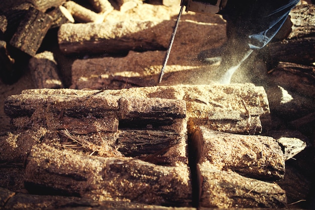 Photo chainsaw in action cutting wood. man cutting wood with saw, dust and movements.