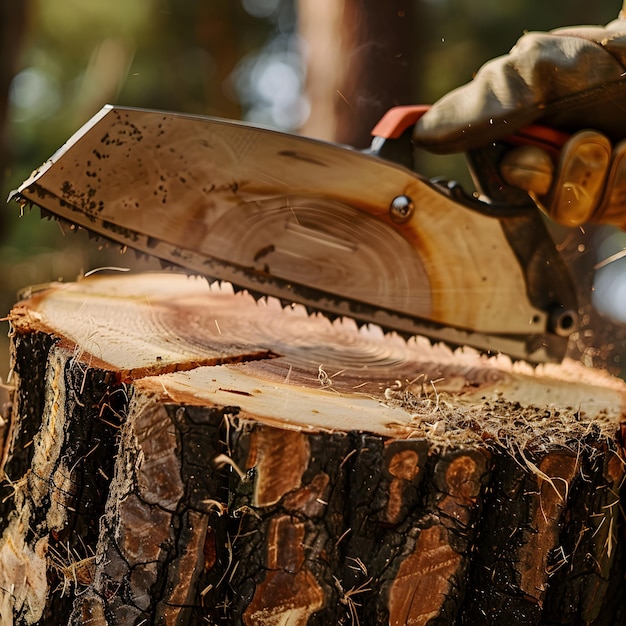 Photo chainsaw cutting through tree trunk