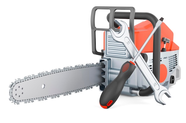 Chainsaw with screwdriver and wrench 3D rendering