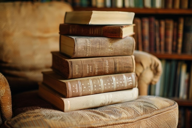 Chair adorned with a stack of books Cosy and intellectual corner for literary adventures