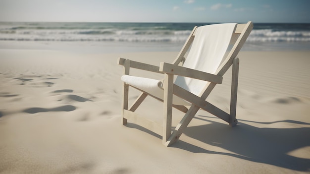 A chair on the beach with the sun shining on it.