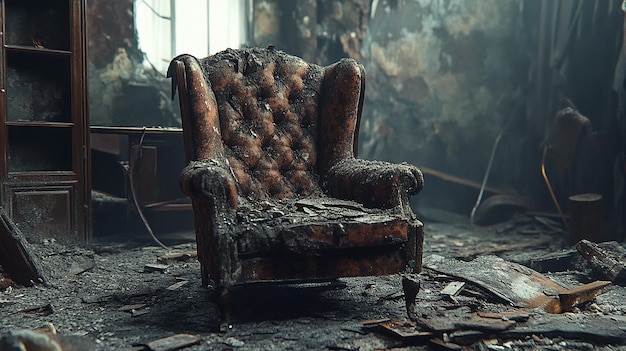 Photo a chair in a burned room with a burning fireplace and a fire in the background