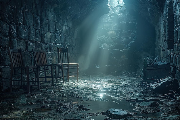 a chair in a cave with a light shining through it