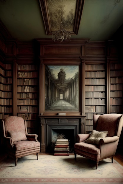 A Chair And A Chair In A Room With Bookshelves