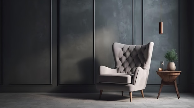 A chair in a dark room with a dark wall behind it.