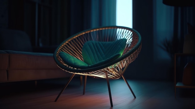 A chair in a dark room with a green cushion that says'the chair is in a dark room '