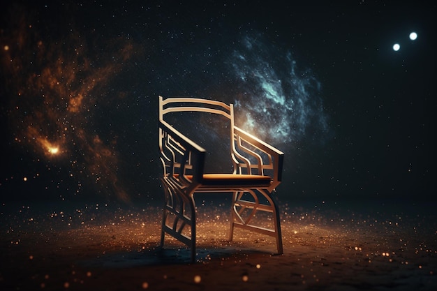 A chair in a dark space with a glowing star in the background.