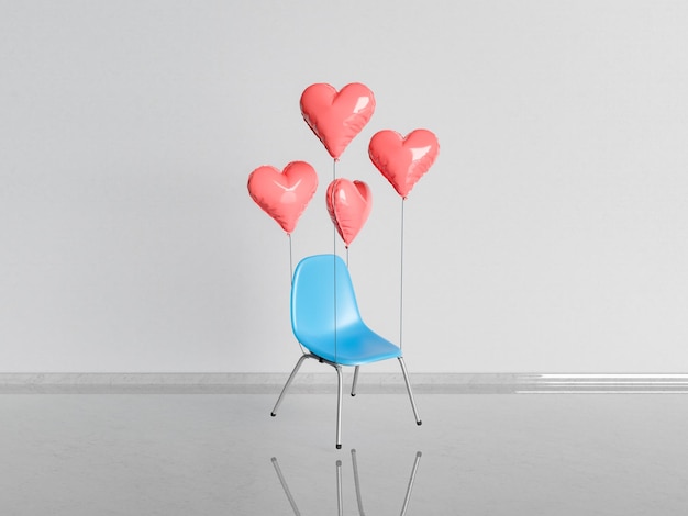 chair floating in the air with heart shaped balloons