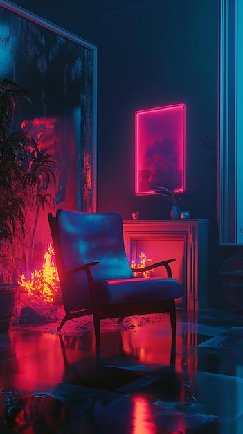 Photo a chair in front of a fireplace with a neon sign that says the word on it