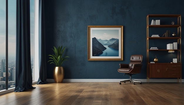 a chair in front of a painting that says mountains in the background