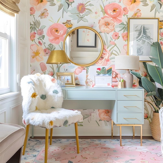 a chair is in front of a desk with a floral wallpaper