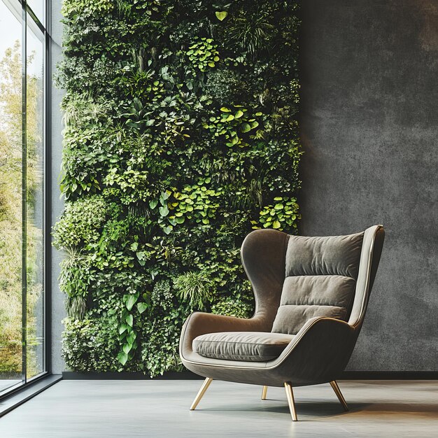 a chair is in front of a wall of ivy