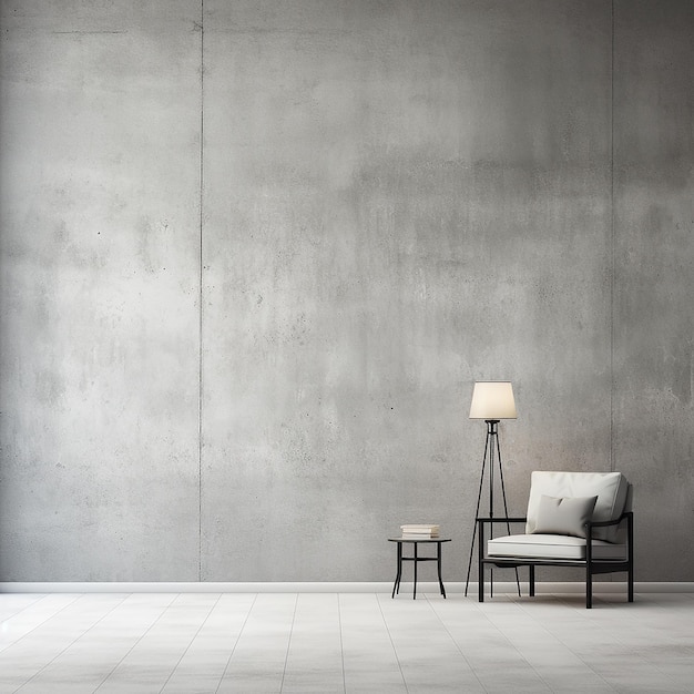 Photo a chair and a lamp in a room with a wall behind it