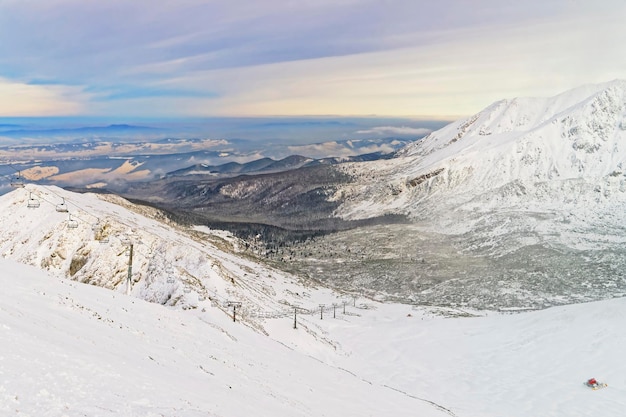 Chair lifts and ratracks at a distance in Kasprowy Wierch of Zakopane. Zakopane is a town in Poland in Tatra Mountains.Kasprowy Wierch is a mountain in Zakopane and the most popular ski area in Poland