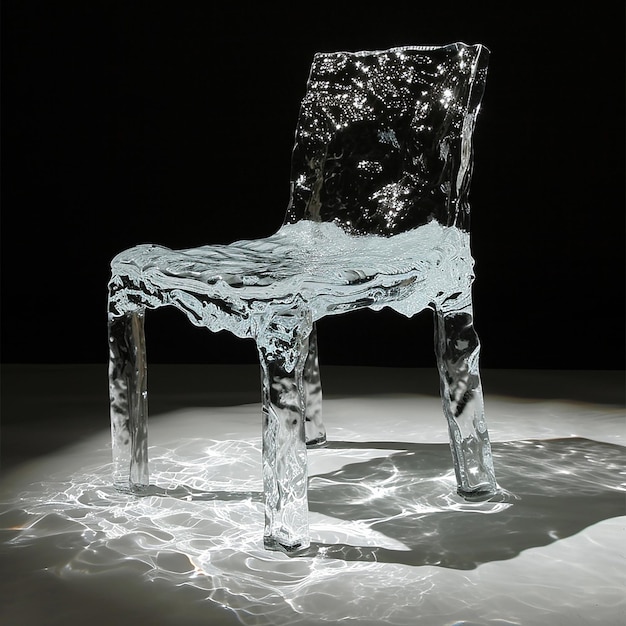 a chair made of ice sits in the middle of a white floor