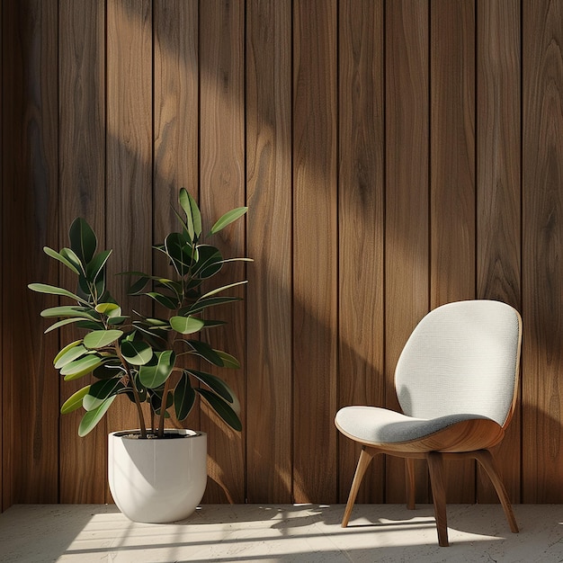 a chair and a plant are in front of a wall