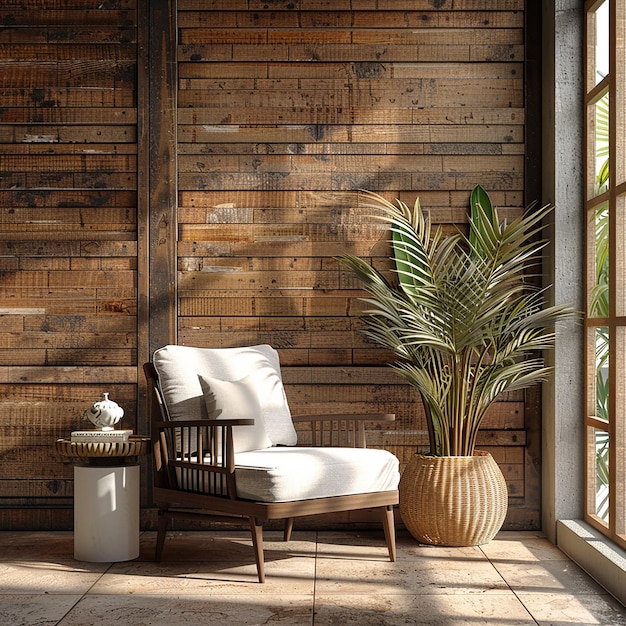 a chair and a plant are in front of a wall