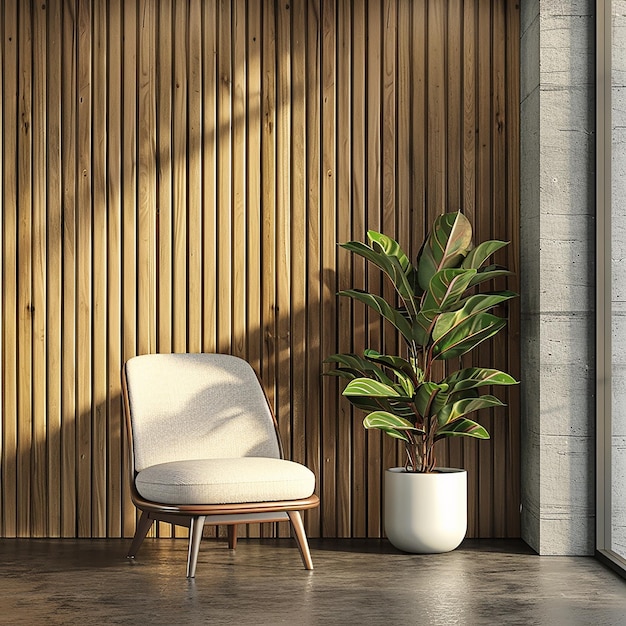 Photo a chair and a plant are in front of a wooden wall