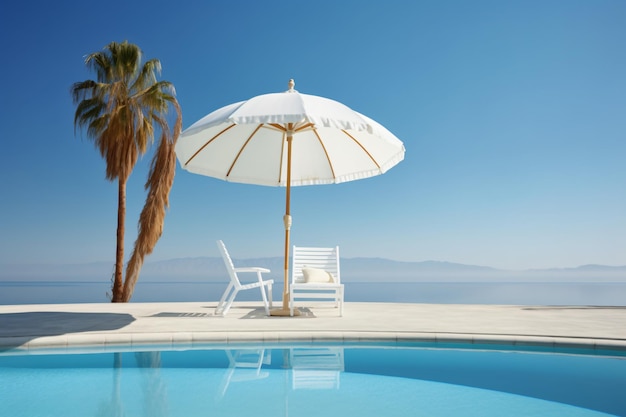 Chair pool and umbrella around swimming pool with coconut palm tree photography