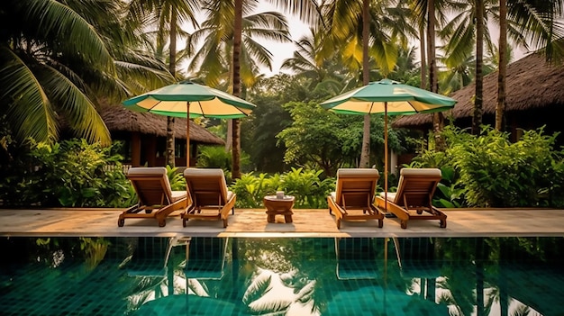 Chair pool and umbrella around swimming pool