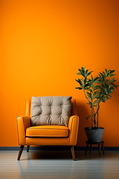 Chair and potted plant against orange wall Generative AI