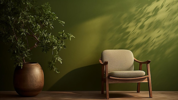 a chair and a potted plant are in front of a green wall