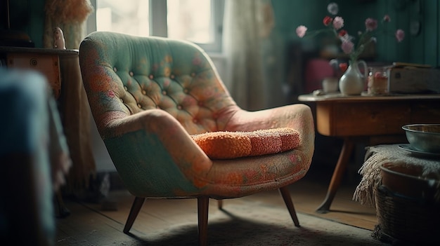 A chair in a room with a vase of flowers on the table.