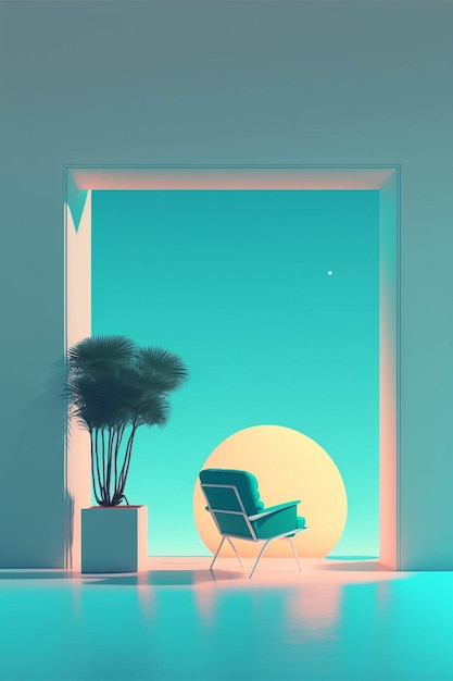 Chair sitting in a room next to a potted plant generative ai