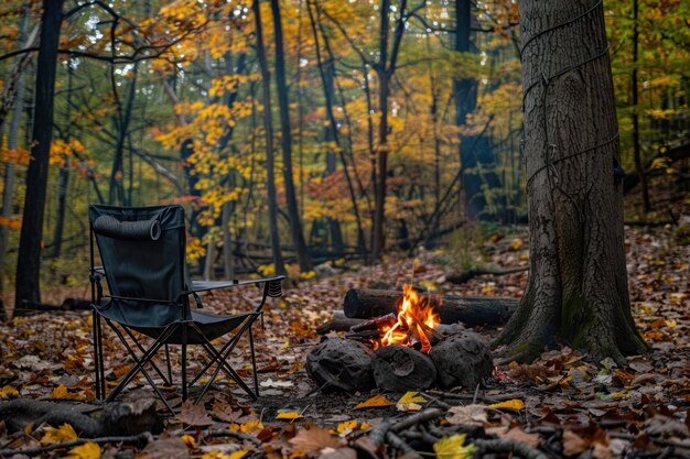 a chair stands next to a fire forest