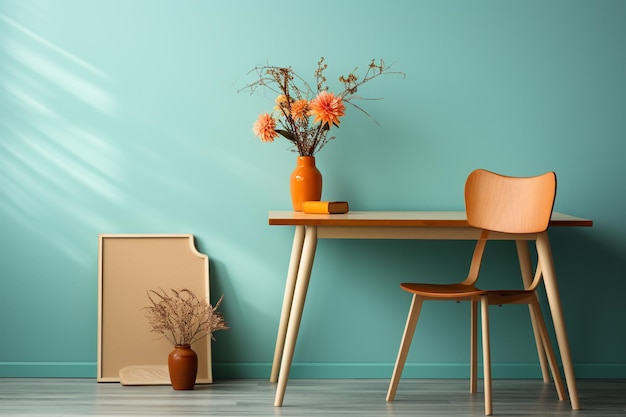 Chair and table in blue child room interior