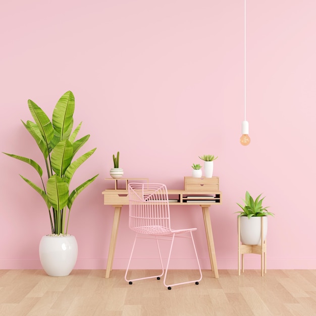 Chair and table in pink living room with copy space