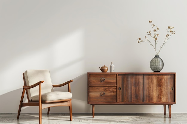 a chair and a table in a room with a vase of flowers