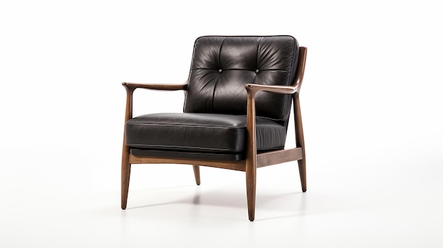 a chair that has a brown frame and a black leather seat